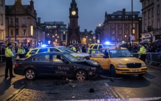 A moody, dark image capturing the aftermath of a collision in a Belfast city centre street at dusk. In the foreground, a dark saloon car, heavily damaged in the front, is angled against a yellow taxi, which also appears damaged. One of the car doors has "PRISON SENTENCE" crudely written on it. Behind them are several police cars with blue lights flashing, and a cluster of police officers and onlookers are visible in the background. The street is wet cobblestone, and a "POLICE LINE DO NOT CROSS" tape stretches across the foreground. Prominently in the distance is a large clock tower structure, typical of Belfast architecture. The atmosphere is tense and reflective of a crime scene.