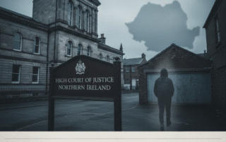A darkly lit, dramatic photo blending two scenes related to the news story. In the foreground left, there is a sign for the High Court of Justice Northern Ireland. To the right, a lone, hooded figure with a backpack walks away down an alleyway, past a closed garage door (representing the alleged scene of the attack in the Clonavon Terrace area). In the moody, grey sky above, a faint, wispy cloud is shaped like the outline of Romania, symbolizing the flight risk and the third suspect who fled. The image is overlaid with the headline: "Teenager Denied Bail in Ballymena Attempted Rape Case: Court Cites Flight Risk to Romania."