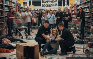 An injured woman is being attended to by two staff members on the floor of a chaotic supermarket aisle during a Black Friday sale. Debris, overturned shopping carts, and discarded merchandise are scattered around them. A 'Black Friday Doorbusters' banner hangs in the background, while other shoppers look on with concern. The image includes the O'Neill Solicitors logo and tagline: 'Personal Injury. Injured? We can help. Stay Safe.'