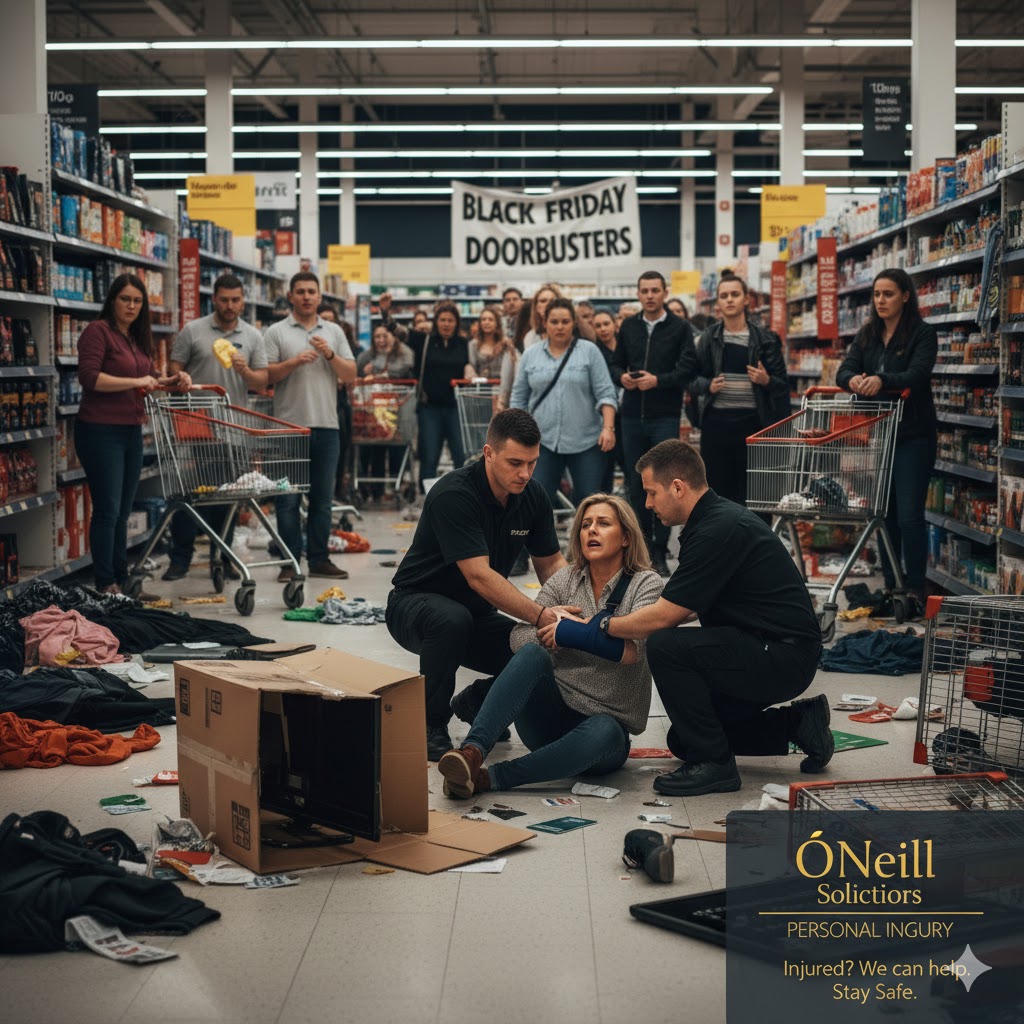 An injured woman is being attended to by two staff members on the floor of a chaotic supermarket aisle during a Black Friday sale. Debris, overturned shopping carts, and discarded merchandise are scattered around them. A 'Black Friday Doorbusters' banner hangs in the background, while other shoppers look on with concern. The image includes the O'Neill Solicitors logo and tagline: 'Personal Injury. Injured? We can help. Stay Safe.'
