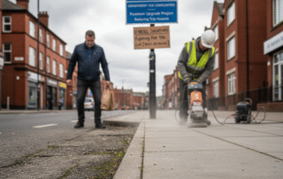 A slightly low-angle street-level photo shows a construction worker in a yellow safety vest using a pavement grinder on a newly laid, smooth concrete sidewalk in the foreground. In the midground, a man carrying a brown paper bag walks on an older, cracked asphalt pavement with moss growing in the crevices. Behind them, a blue sign reads "DEPARTMENT FOR COMMUNITIES - Pavement Upgrade Project - Reducing Trip Hazards," with a smaller, handwritten-style sign beneath it that says "O'NEILL SOLUTIONS - Fighting For You - Call [phone number]." Red brick buildings line both sides of the street under an overcast sky, with cars parked further down the road.