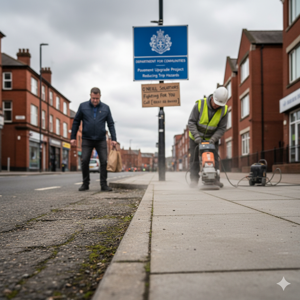 A slightly low-angle street-level photo shows a construction worker in a yellow safety vest using a pavement grinder on a newly laid, smooth concrete sidewalk in the foreground. In the midground, a man carrying a brown paper bag walks on an older, cracked asphalt pavement with moss growing in the crevices. Behind them, a blue sign reads "DEPARTMENT FOR COMMUNITIES - Pavement Upgrade Project - Reducing Trip Hazards," with a smaller, handwritten-style sign beneath it that says "O'NEILL SOLUTIONS - Fighting For You - Call [phone number]." Red brick buildings line both sides of the street under an overcast sky, with cars parked further down the road.